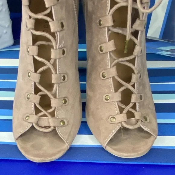 Light brown/beige suede like lace up open toe chunky high heel ankle booties - Picture 14 of 15